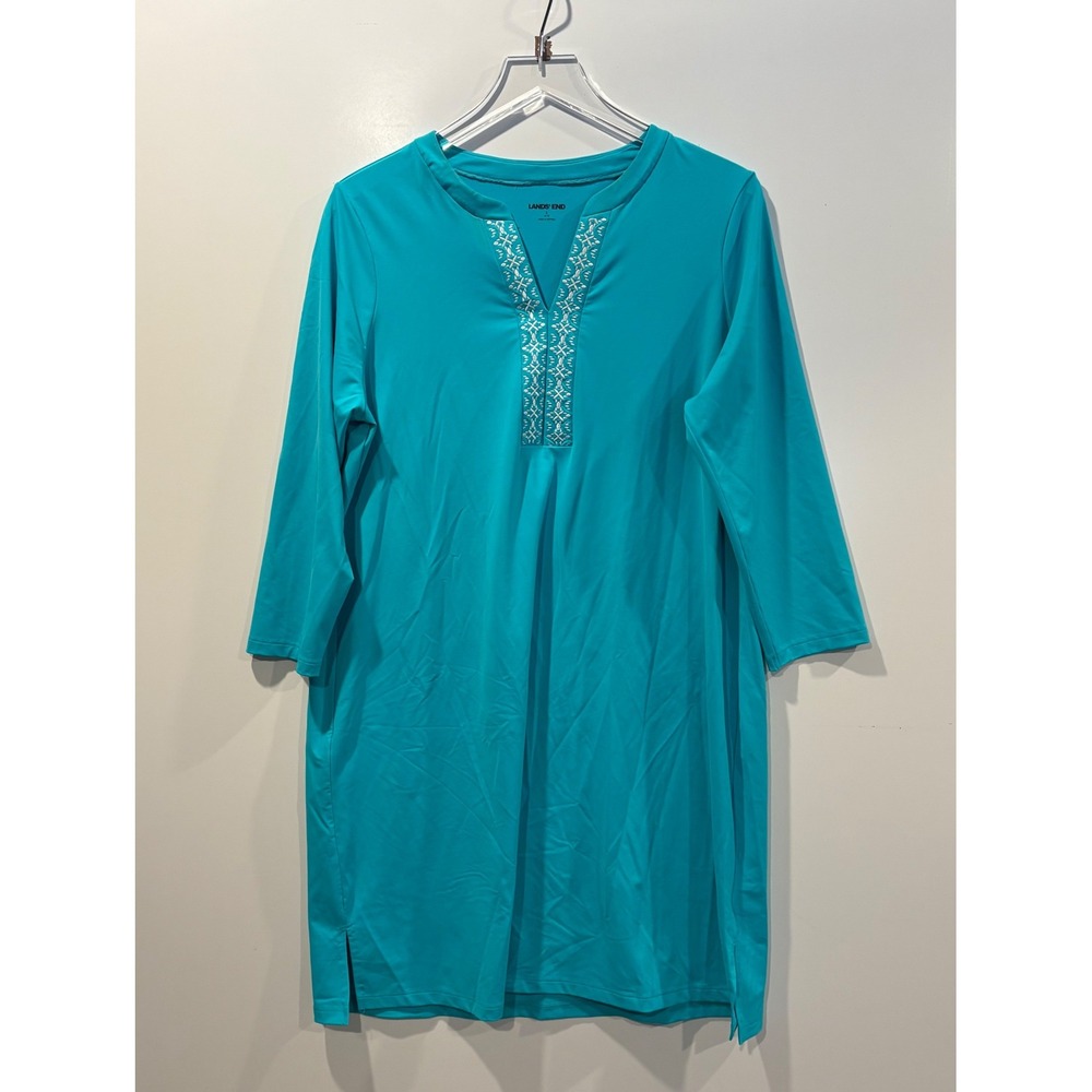 Lands End Womens Turquoise Embroidered Swim Cover Up Tunic Dress‎ Large 14-16